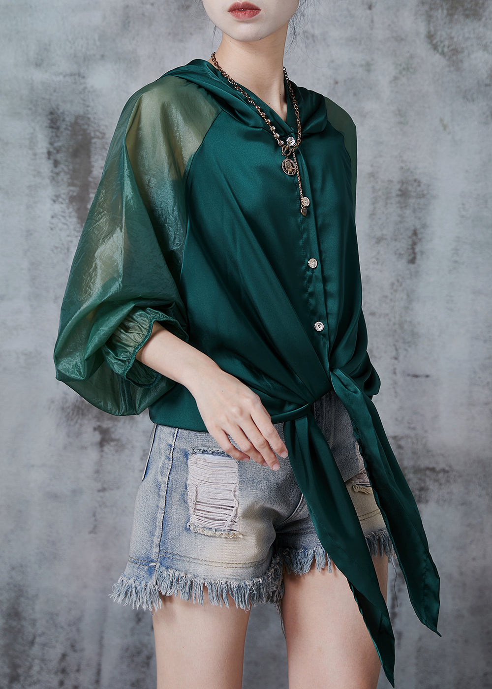 Peacock Green Hooded Patchwork Silk Blouse Tops Fall