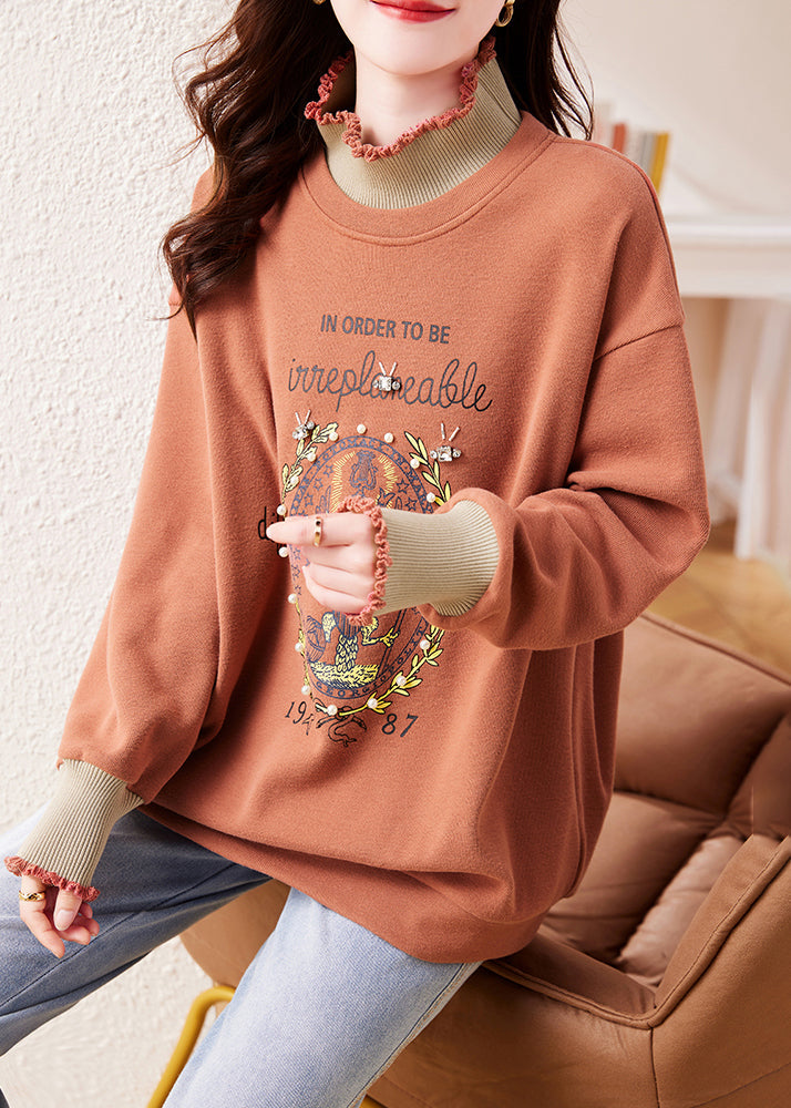 New Pink Ruffled Nail Bead Print Warm Fleece Sweatshirt Winter