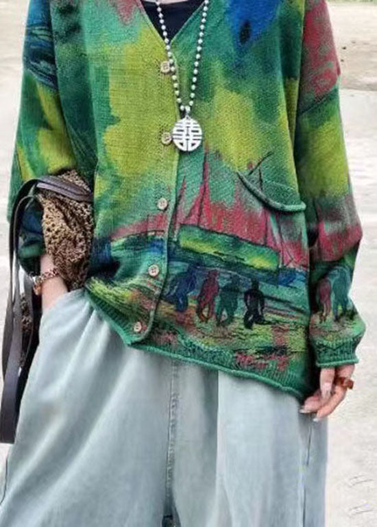 Green V Neck Print Pockets Knit Cardigans Long Sleeve
