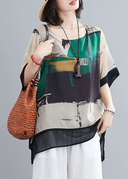 Green Asymmetrical Design Print Chiffon Tank Tops Short Sleeve