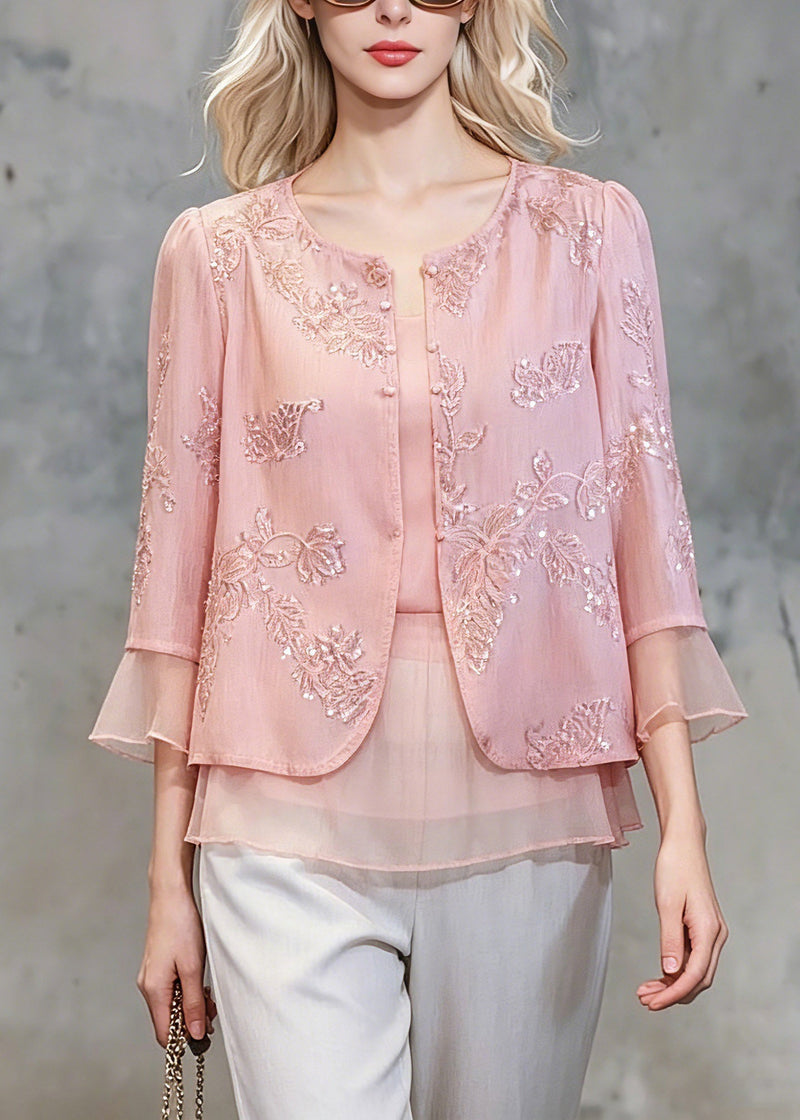 Pink Patchwork Button Fake Two-piece Chiffon Shirt Three Quarter Sleeve