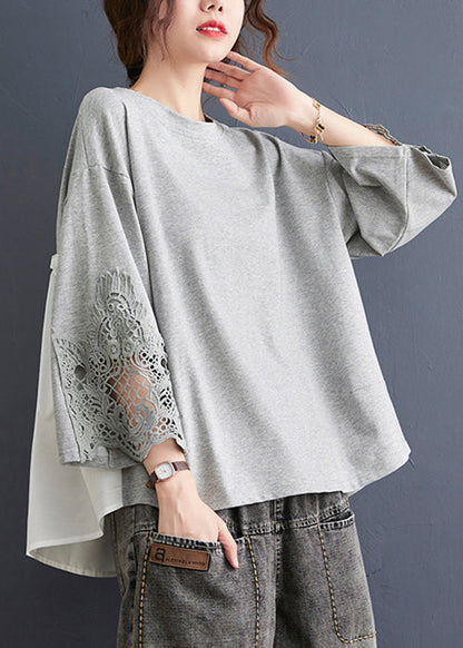 Grey Ruffled Lace Patchwork Cotton Tops Spring