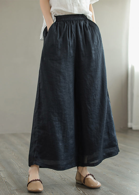 Green Pockets Elastic Waist Linen Wide Leg Pants Summer