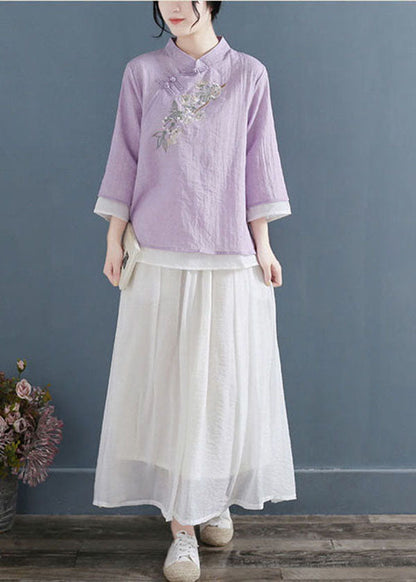 Purple Chinese Style Cotton Blouse Tops Layered Embroideried Three Quarter Sleeve