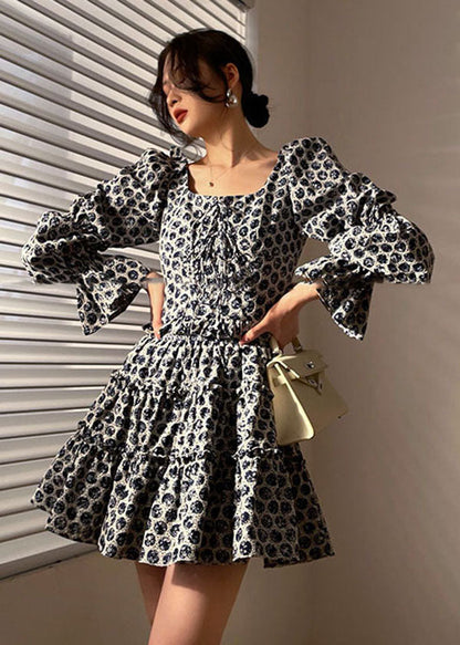 Black Print Cotton Pleated Dress Two Piece Set Clothing Lace Up Long Sleeve