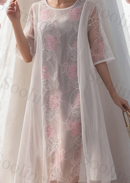 Italian White O-neck Print Patchwork Silk Dresses Summer