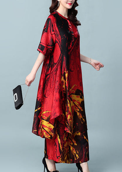 French Red Asymmetrical Design Print Silk Dress and Wide Leg Pants Two Pieces Set Summer