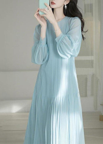 Light Blue O-neck Cinched Maxi Dresses Spring