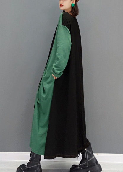 Diy Green O-neck Pockets Asymmetrical Patchwork Long Dresses Spring