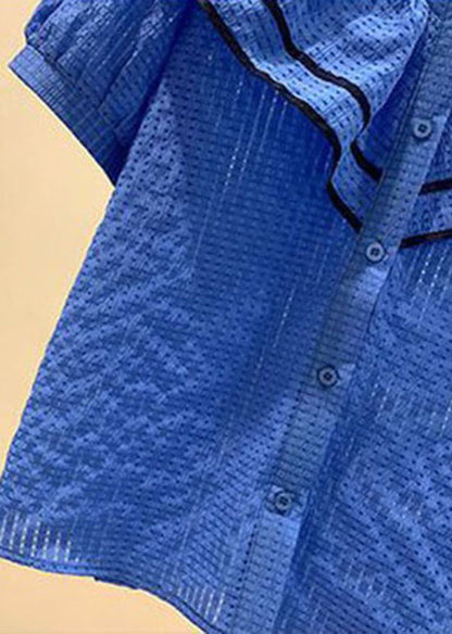 Blue Ruffled Patchwork Chiffon Shirt Tops Summer