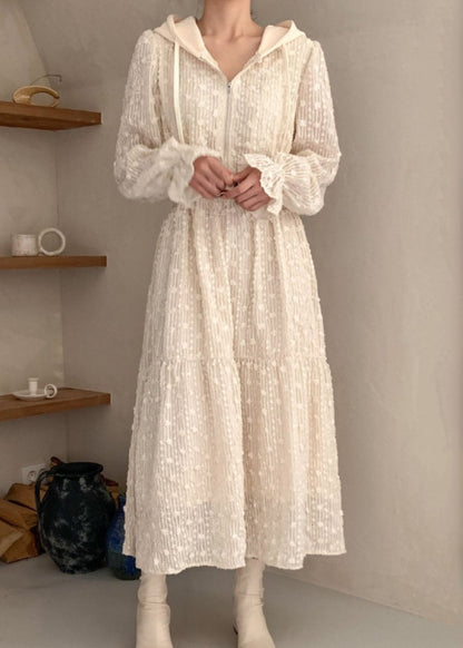 Apricot Hooded Zippered Patchwork Lace Dress Spring