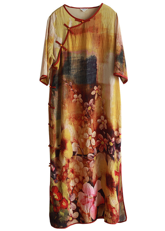 Light Yellow O-neck Side Open Print Long Dress Half Sleeve