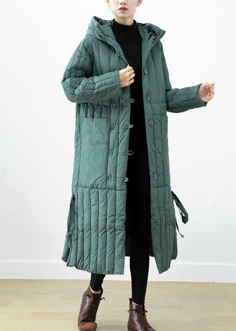 Green Hooded Pockets Fine Cotton Filled Long Coat Winter