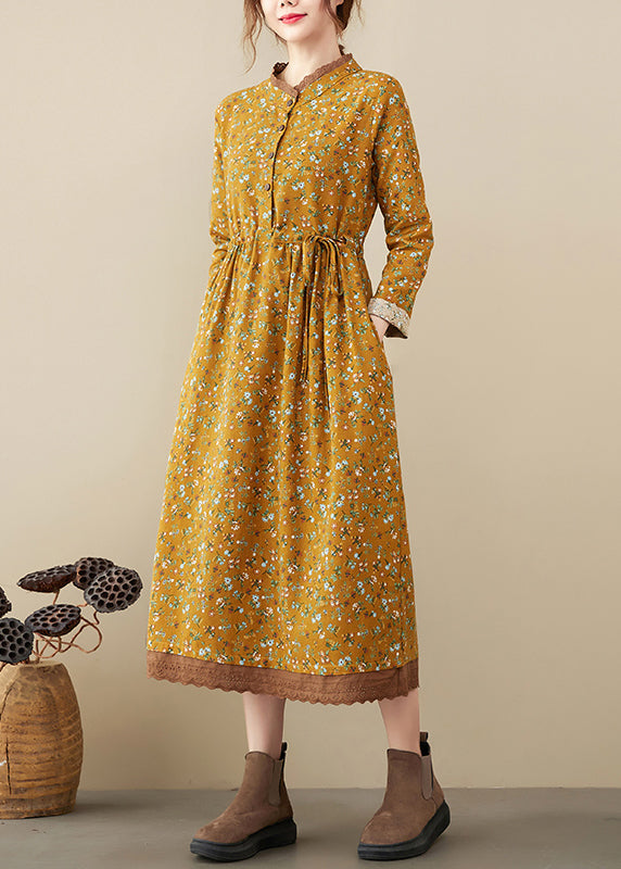 Art Yellow Stand Collar Tie Waist Print Lace Patchwork Dresses Long Sleeve