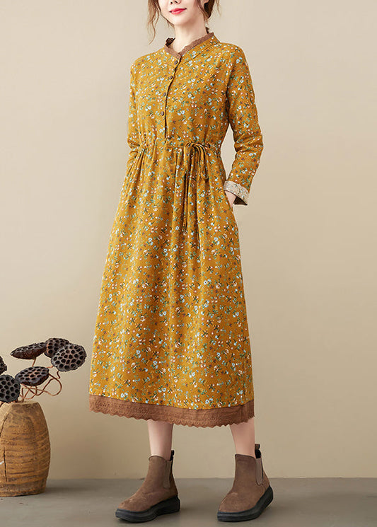 Art Yellow Stand Collar Tie Waist Print Lace Patchwork Dresses Long Sleeve