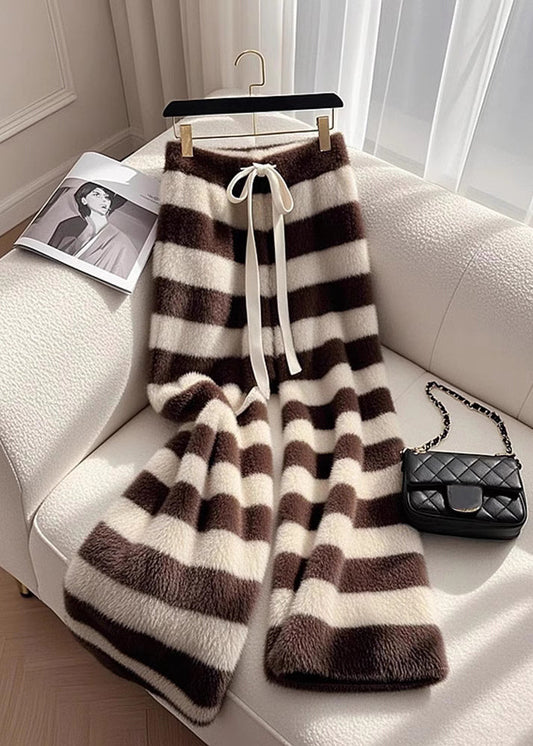 Cozy Coffee Striped Fuzzy Fur Pants Spring