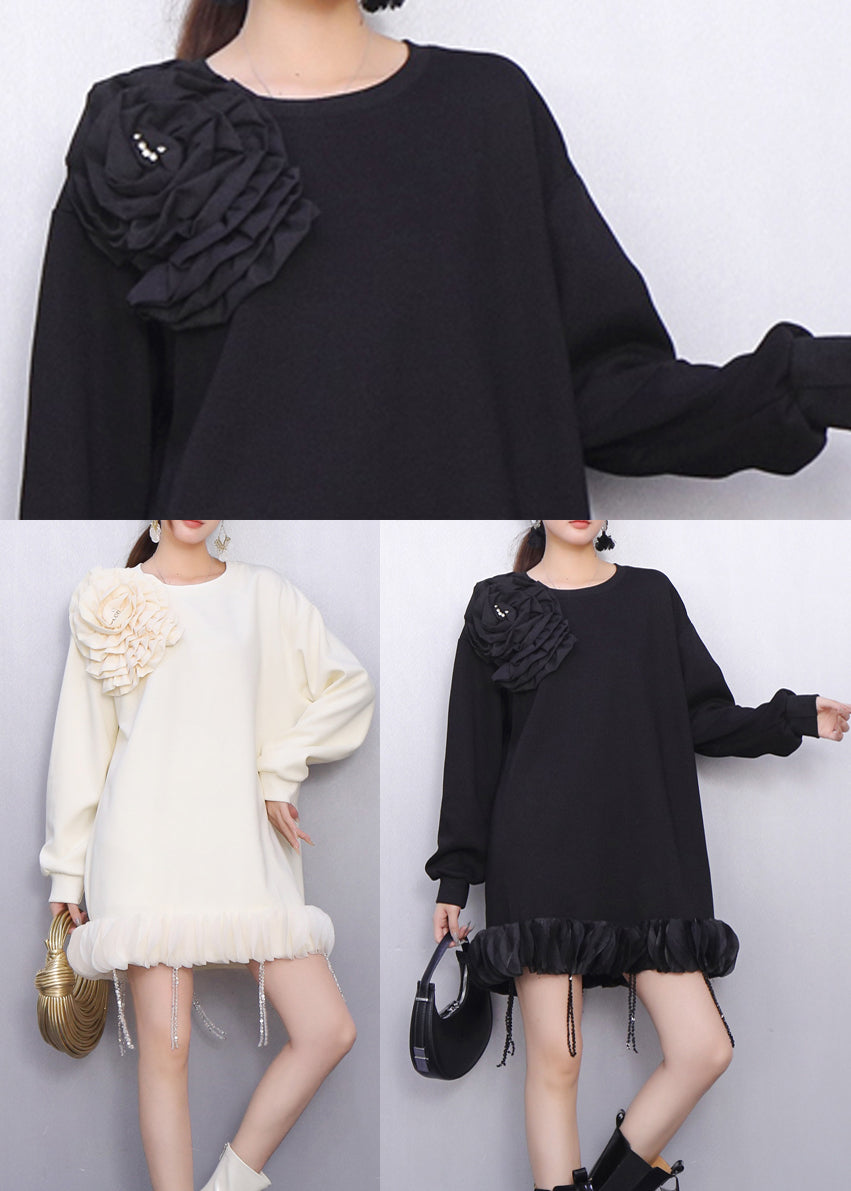 Black Tasseled Cotton Day Dress Spring