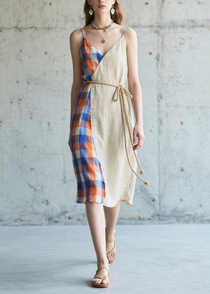 Beige Asymmetrical Patchwork Linen Cami Dresses Summer