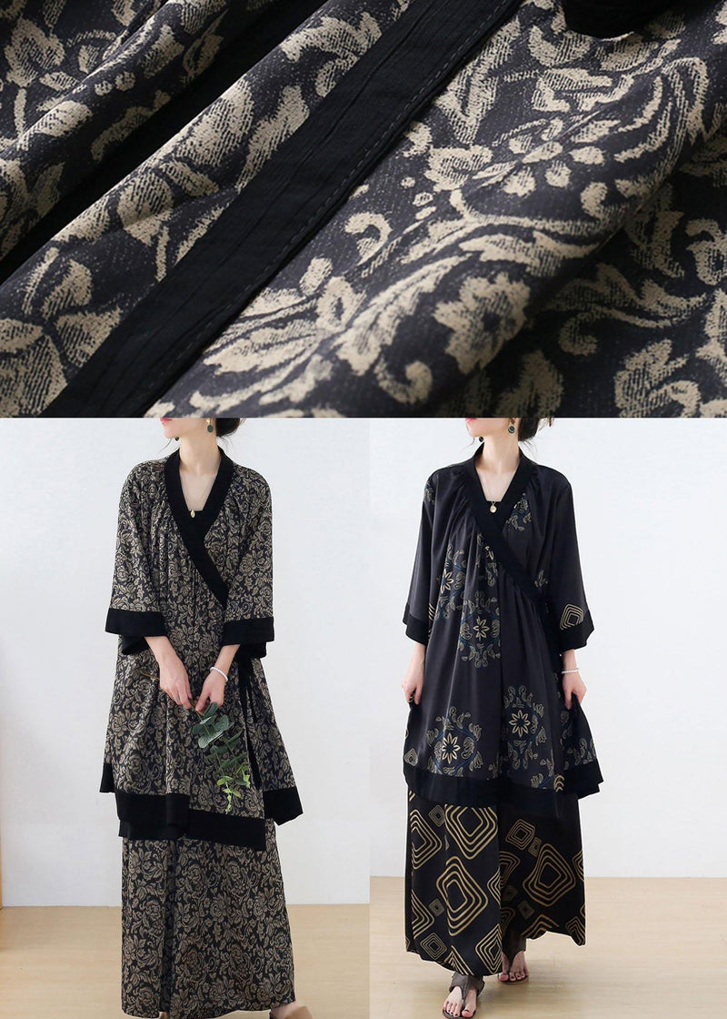 Natural Black Geometric Tie Waist Top Wide Leg Two Piece Suit Set