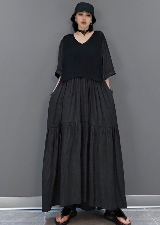 Unique Black V Neck Patchwork Long Dresses Half Sleeve