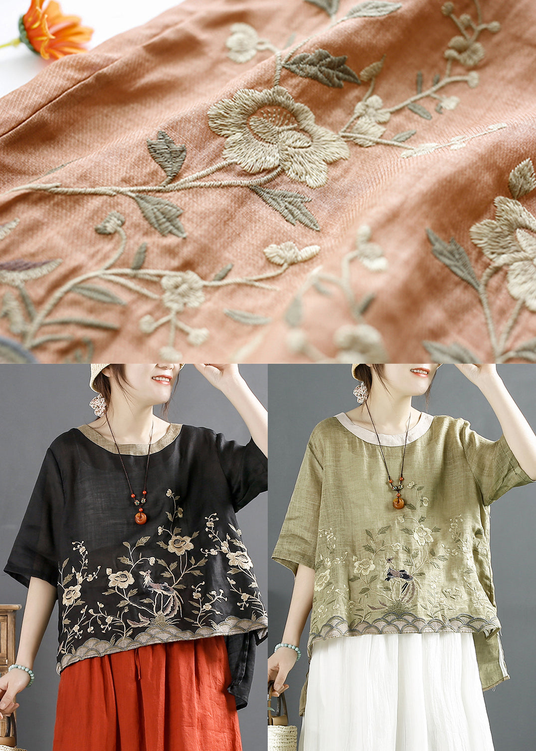 Green Low High Design Linen Shirts Embroideried Summer