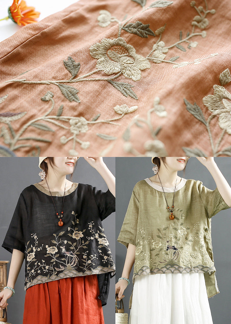 Orange Embroideried Linen Shirt Top Summer