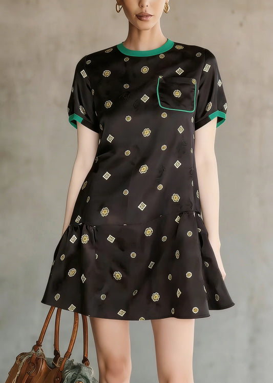 Black O Neck Print Wrinkled Silk Mid Dress Summer