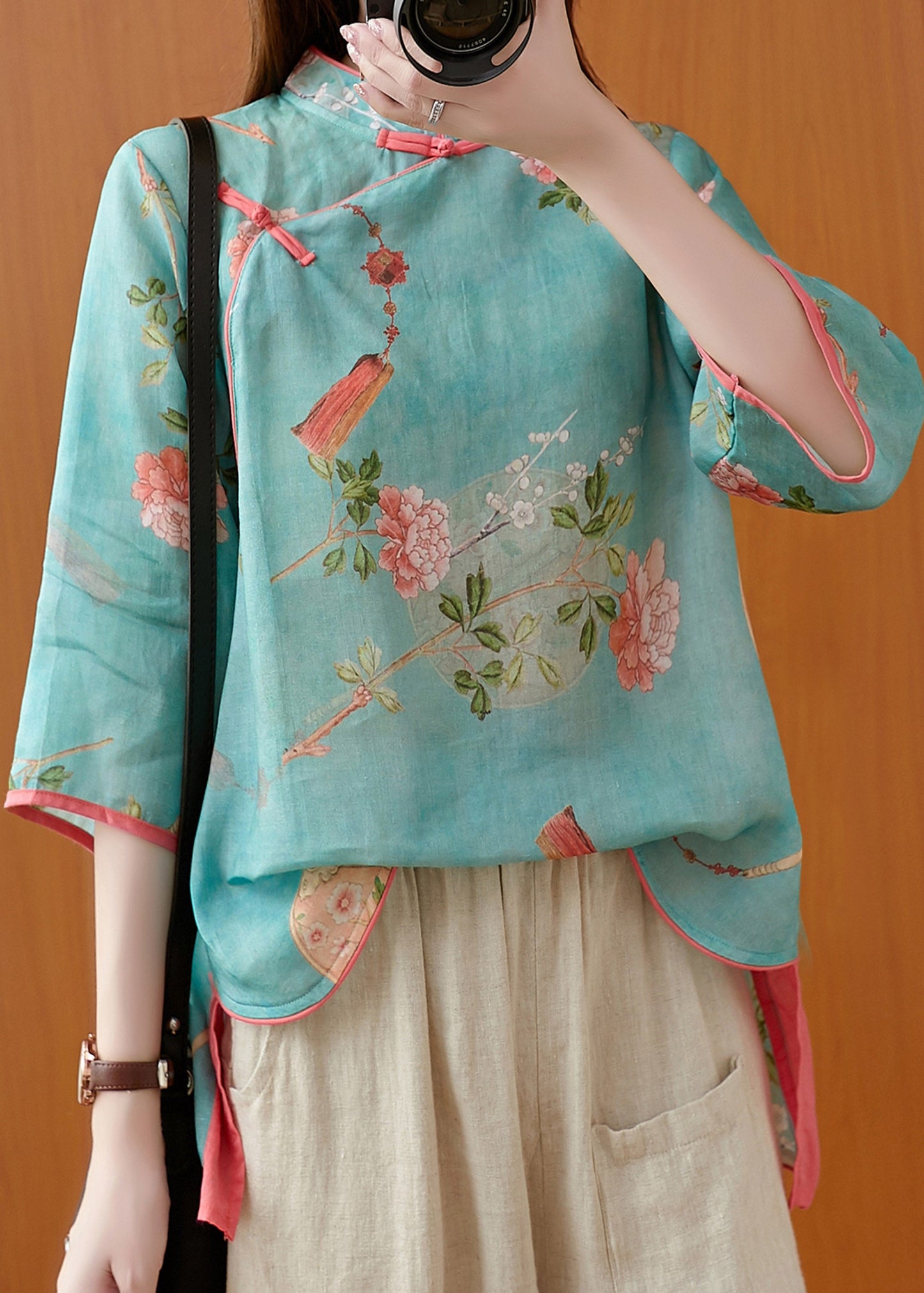 French Green Stand Collar Low High Design Print Linen Blouse Tops Spring