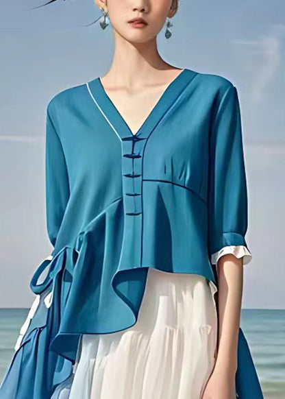 Blue Asymmetrical Patchwork Chiffon Dress Half Sleeve