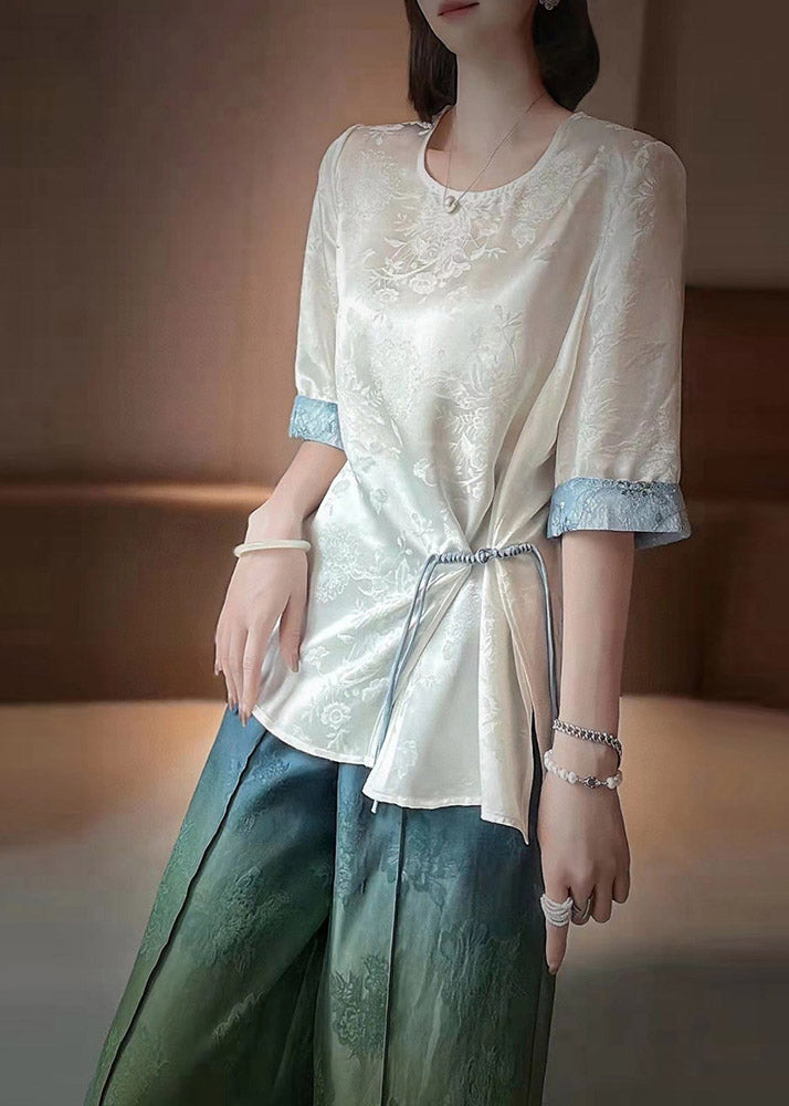 White O-neck Asymmetrical Print Patchwork Drawstring Shirt Bracelet Sleeve