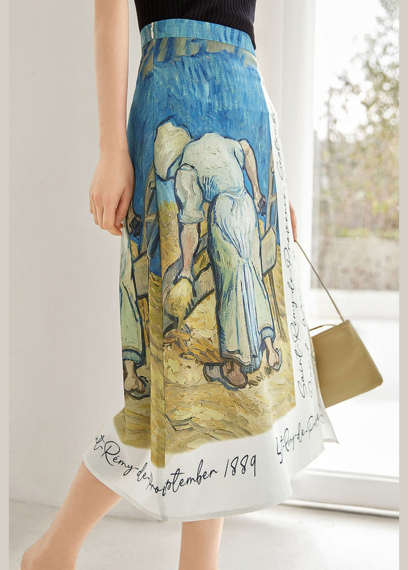 Italian Colorblock Print Silk a Line Skirts Summer