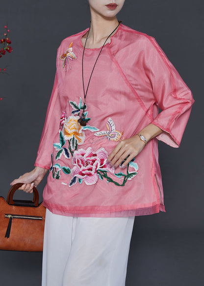 Pink Embroidered Organza Blouses Summer