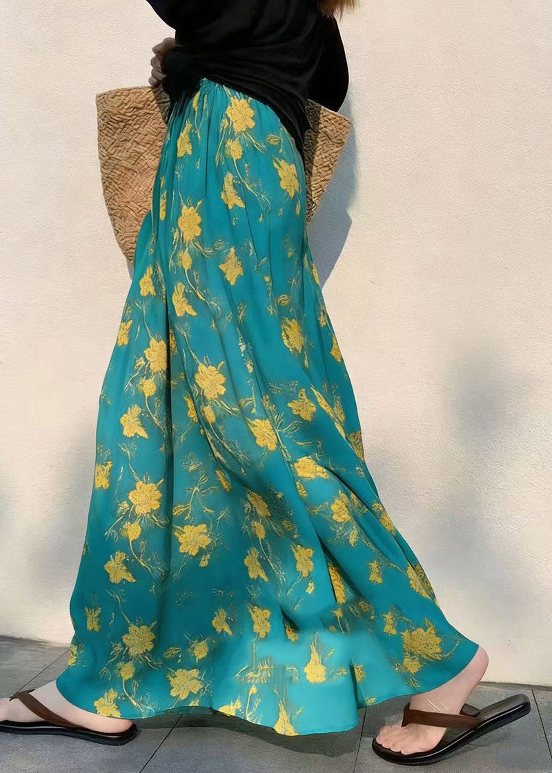 French Green Print Elastic Waist Draping a Line Skirts