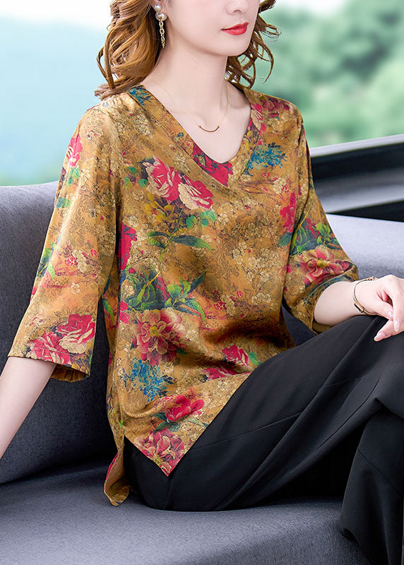 Yellow Side Open V Neck Print Silk Blouse Tops Half Sleeve