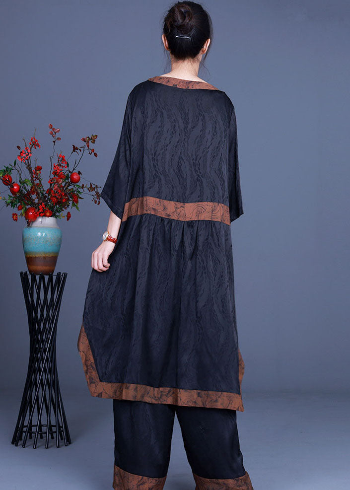 Diy Black Asymmetrical Patchwork Silk Two Pieces Set Half Sleeve