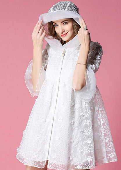 White Hooded Embroidered Tulle Mini Dresses Flare Sleeve