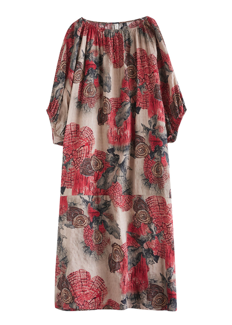 Red O Neck Print Cotton Long Dress Puff Sleeve