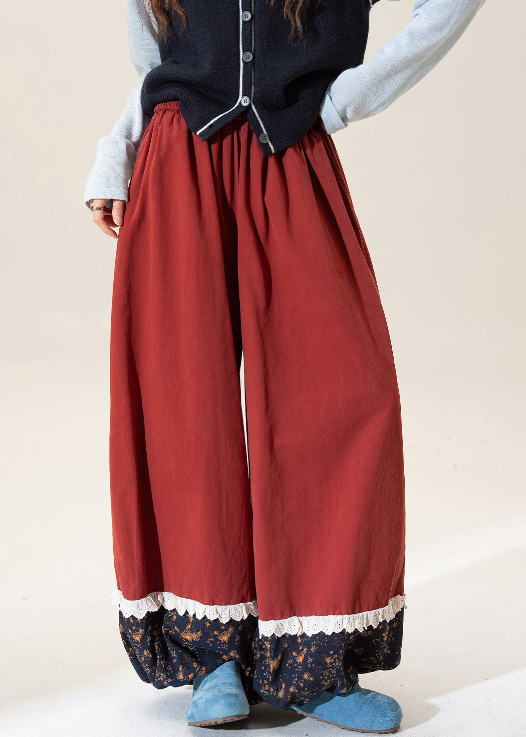 Khaki Print Patchwork Elastic Waist Cotton Pants Fall
