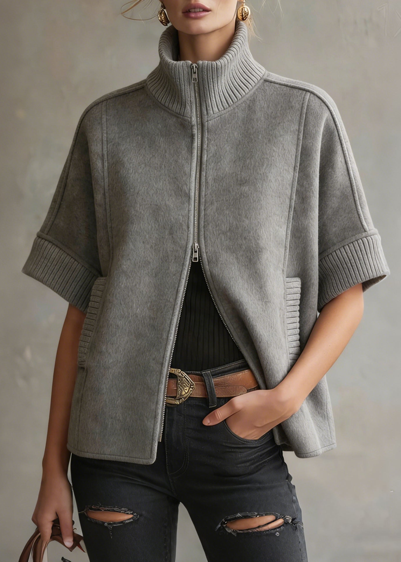 Grey Zip Up Patchwork Woolen Coats Short Sleeve
