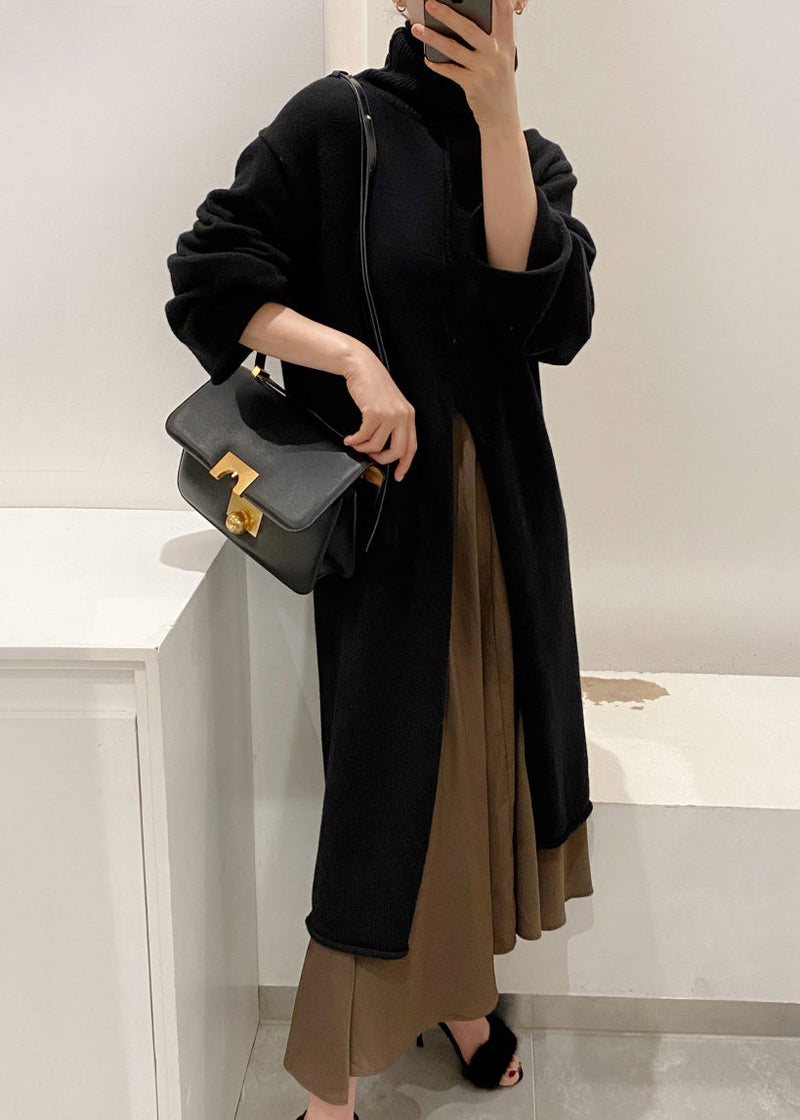 Black Front Open Knit Winter Sweater Dress Turtleneck