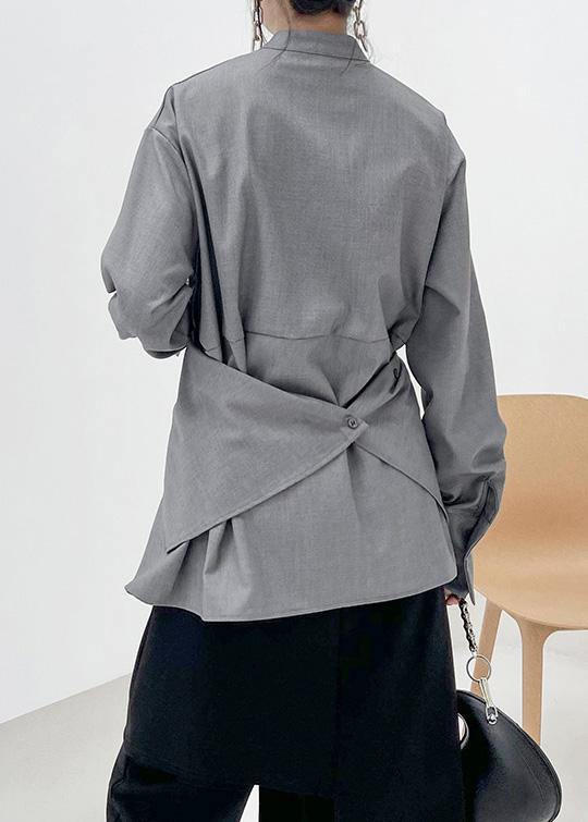 French Grey Asymmetrical Design Long Sleeve Spring Blouses