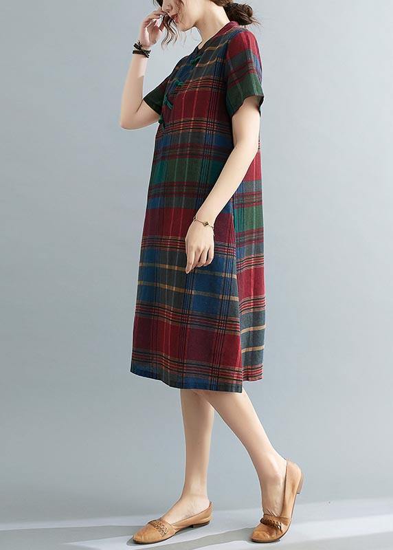 Fitted Plaid Oriental Cotton Linen Summer Dress