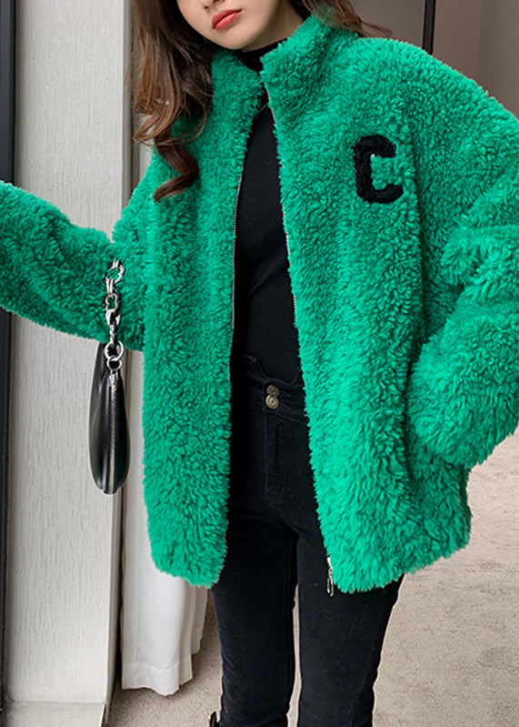 Diy Green Stand Collar Zippered Cozy Faux Fur Coat Long Sleeve