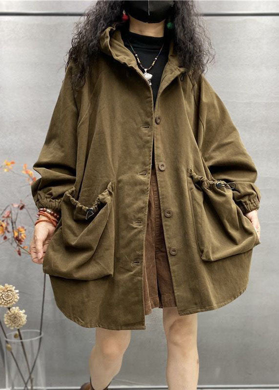 Khaki Hooded Drawstring Big Pockets Cotton Coats Spring