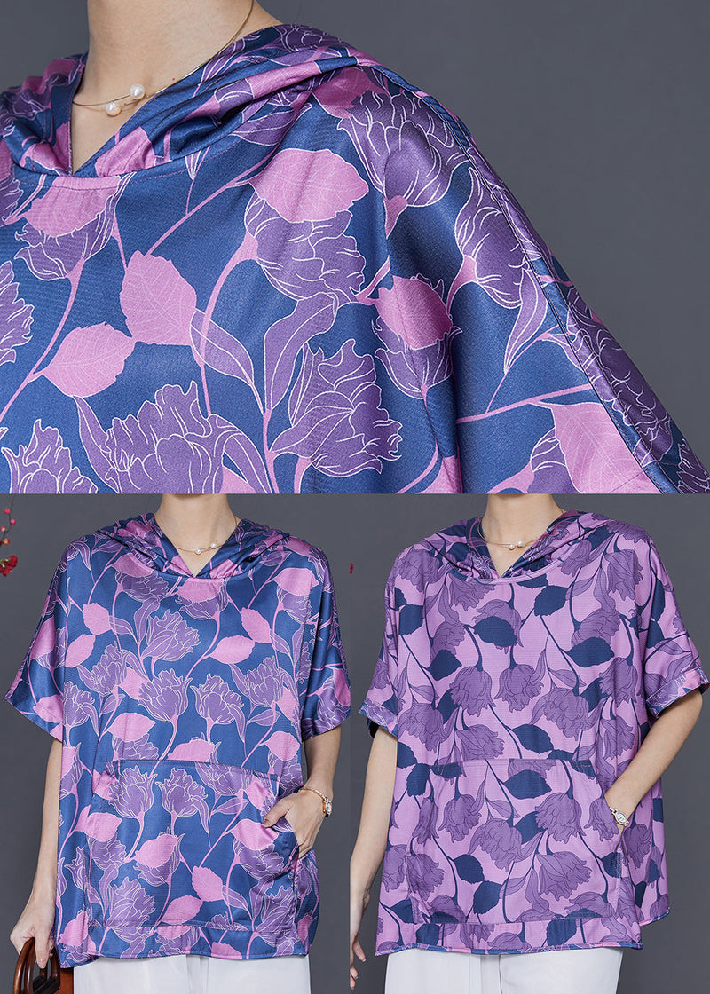 Blue Oversized Print Silk Sweatshirt Summer