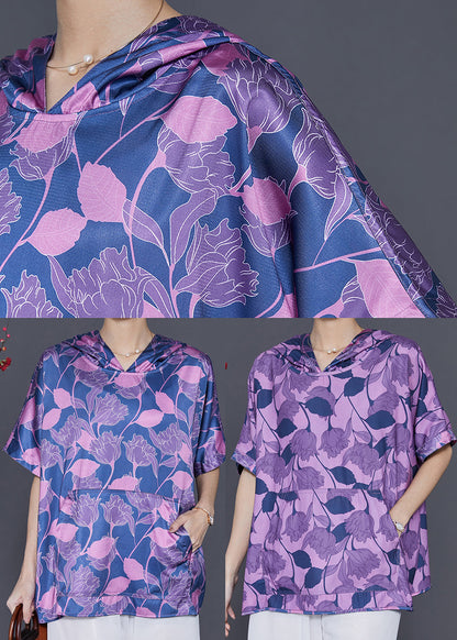 Purple Print Silk Sweatshirts Top Hooded Summer