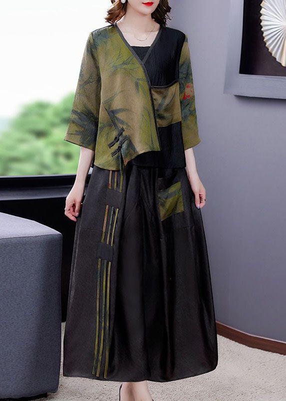 Green V Neck Patchwork Tasseled Oriental Button Silk Two Piece Set Summer