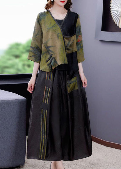 Green V Neck Patchwork Tasseled Oriental Button Silk Two Piece Set Summer