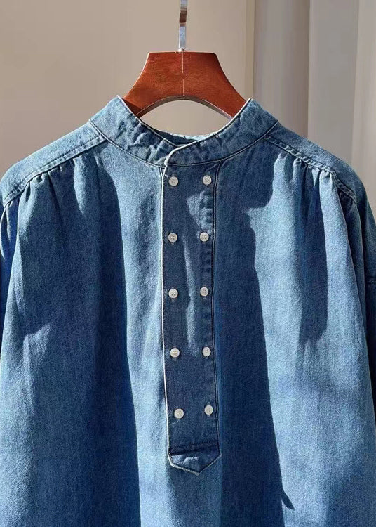 Blue Button Pockets Denim Long Dresses Fall