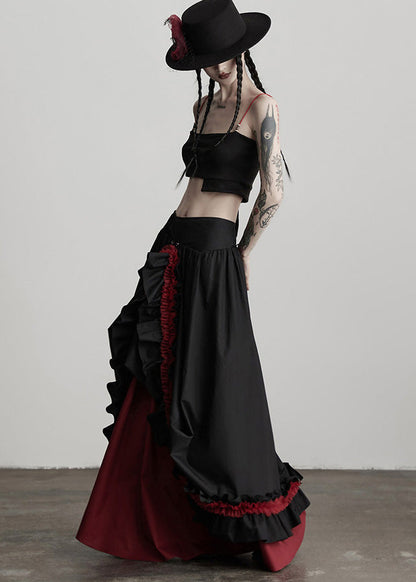 Black Ruffled Patchwork Exra Large Hem Cotton Skirts Fall